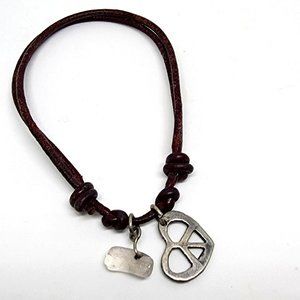 Sterling Silver JCM MAURITIUS Peace Heart & Quartz Charms on Leather Bracelet